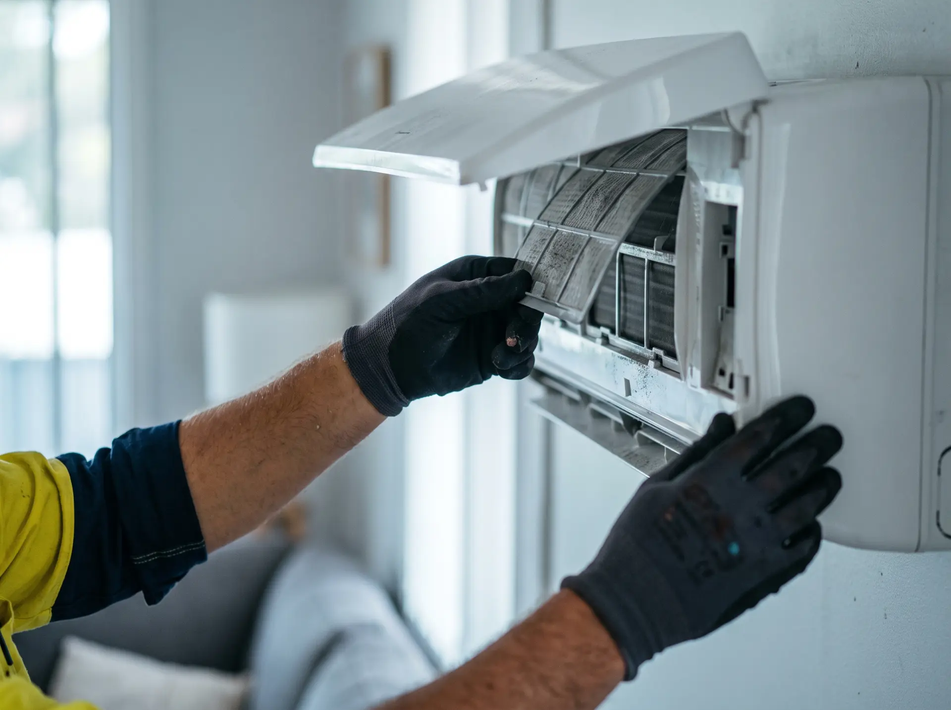 Gloved technician pulling the filter out of a wall-mounted split system