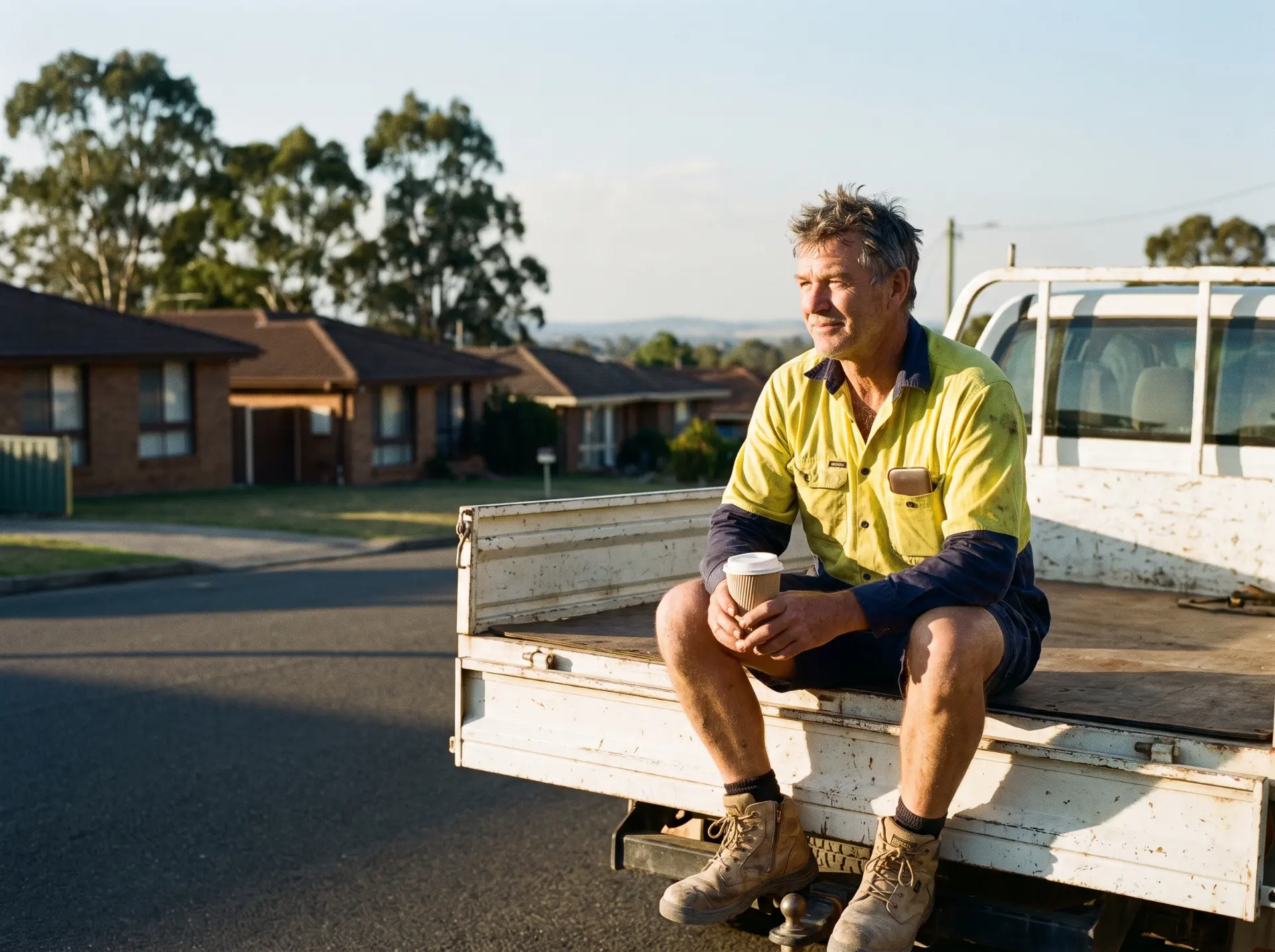 Air con technician sitting on his ute tray with a coffee at the end of the day